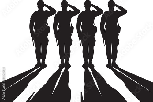 Four silhouetted soldiers saluting with long shadows