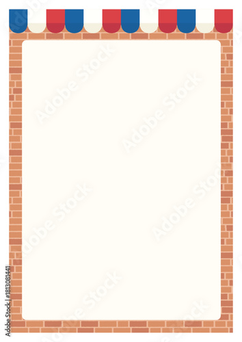 A4サイズ縦CMYKメニュー表台紙、フランストリコロールカラーのオーニングと明るい色のレンガ壁背景