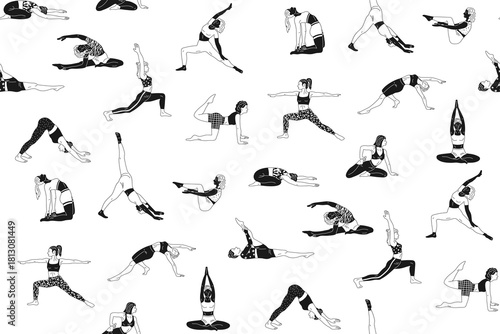 Women do yoga Pilates exercises monochrome seamless pattern. Young girls doing various fitness stretching, meditation and relaxation, gym sport body training vector illustration boundless background
