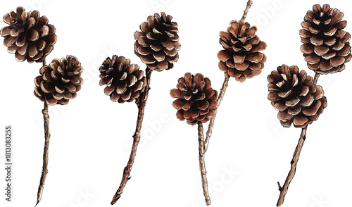 Set of pine cones isolated on white background. Hand painted watercolor. Botanical hand drawn  illustration vector Cones of coniferous trees, forest elements