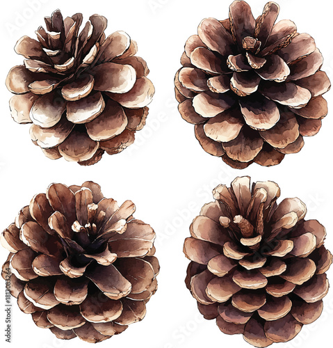 Set of pine cones isolated on white background. Hand painted watercolor. Botanical hand drawn  illustration vector Cones of coniferous trees, forest elements
