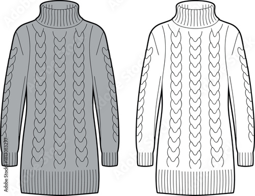 Cable Knit Sweater Dress Technical Fashion Drawing Vector Illustration of a Women's Turtleneck Tunic Featuring Long Sleeves, Ribbed Hem and Cuffs, Outline and Grayscale Views.