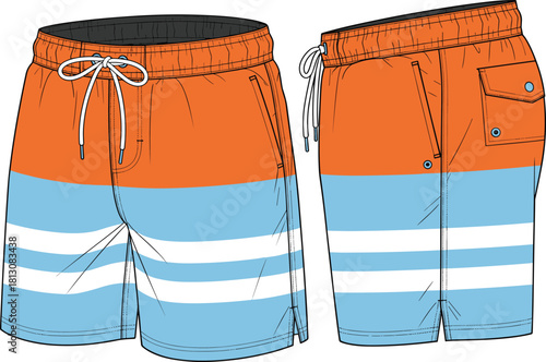Men's swim shorts technical drawing, orange and blue board shorts, swimwear fashion sketch, front and side view, cad drawing flat vector illustration.
