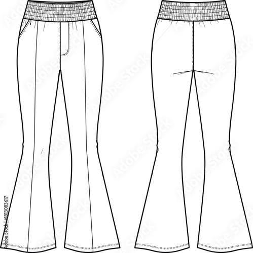 Women's flared trousers technical fashion flat sketch, smocked elastic high waistband, pockets, center creases, front and back vector view.