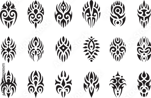 Collection of tribal tattoo designs in black and white