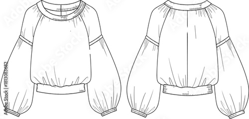 Women's lantern sleeve blouse, round neck, raglan top, elastic hem, front back view, cad drawing flat vector illustration.
