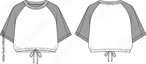 Women's raglan crop top, short sleeve, drawstring hem, color block, front back view, cad drawing flat vector illustration.