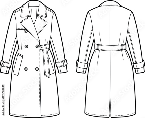 Classic Double-Breasted Trench Coat Technical Fashion Drawing Vector Illustration Featuring Storm Flaps, Belted Waist, Collars, Cuffs, Pockets, Front and Back View, Apparel Mockup.