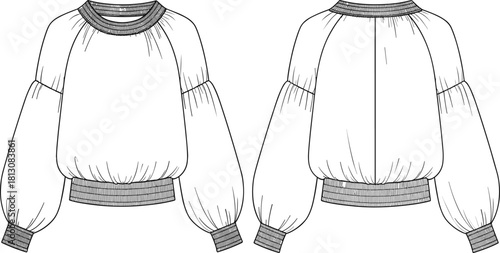 Women's raglan lantern sleeve blouse, gathered neckline, elastic waist, front back view, cad drawing flat vector illustration.Women's raglan lantern sleeve blouse, gathered neckline, elast