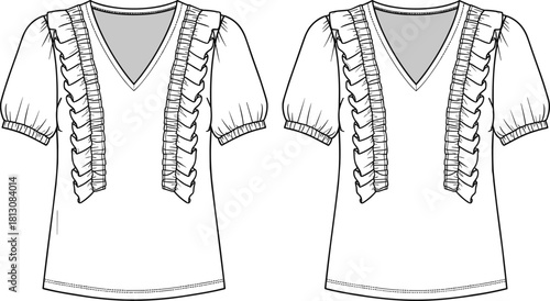 Women's ruffle front blouse, puff sleeves, v-neck top, fashion flat sketch, cad drawing flat vector illustration.