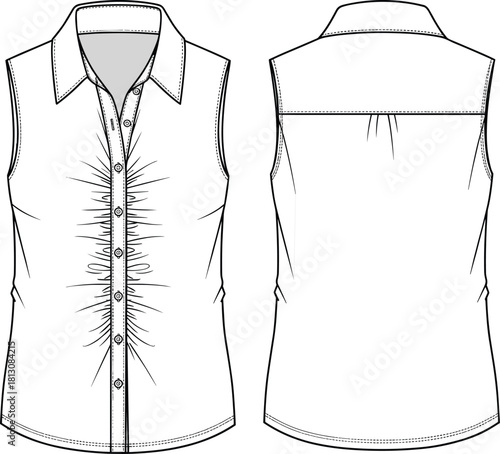 Women's sleeveless button-up shirt technical flat sketch, front ruching detail, fashion CAD template, front and back view vector.