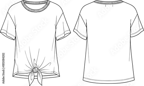 Women's tie front t-shirt fashion flat sketch, technical drawing, vector illustration, front and back view, apparel design, clothing template, garment CAD, knot detail top.
