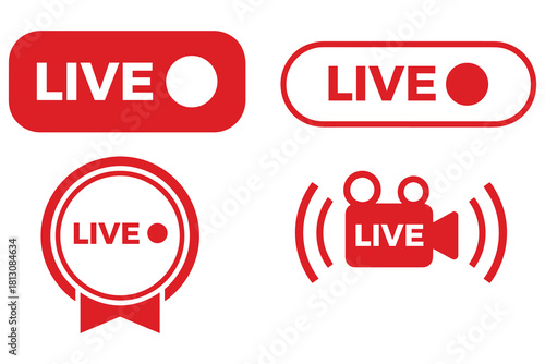Live Streaming Red Icon Set – Online Broadcast Buttons, Live Stream Symbols, and Vector Logos on White Background