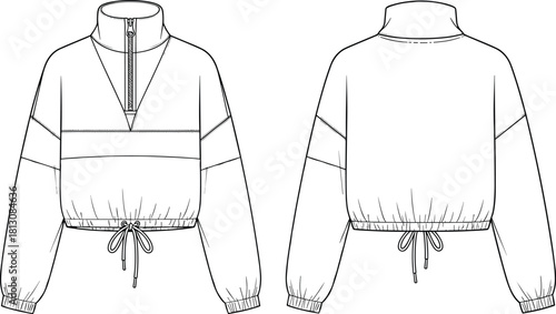 Flat technical fashion drawing vector illustration of a women's cropped half-zip pullover jacket featuring a stand collar, color block design, and adjustable drawcord hem, front and back view.