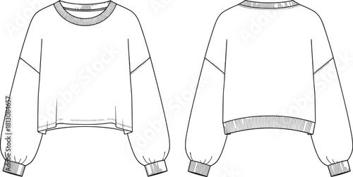 Flat technical fashion drawing vector illustration of a women's cropped fleece sweatshirt with long puffy balloon sleeves, a crew neck, and ribbed cuffs and hem, front and back view.