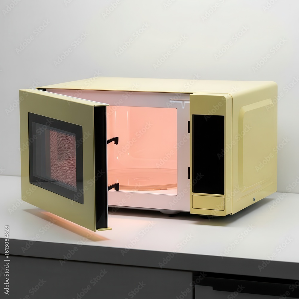 Fototapeta premium Pale yellow retro style kitchen appliance door stands open revealing an illuminated interior