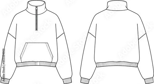 Flat technical fashion drawing vector illustration of a women's oversized cropped fleece pullover featuring a quarter-zip mock neck, large kangaroo pocket, and ribbed cuffs and hem, front and back