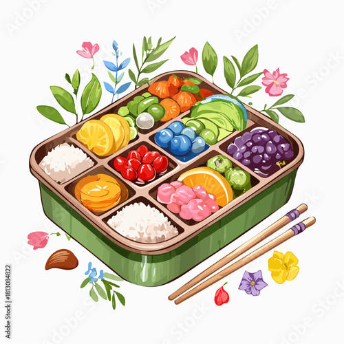 Vibrant Watercolor Bento Box Illustration with Healthy Fruits and Rice