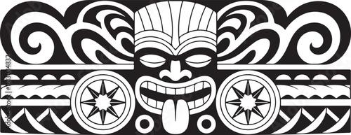 Tribal tiki mask tattoo design with polynesian waves and sun symbols