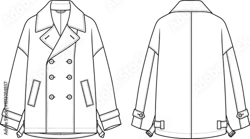 Flat technical fashion drawing vector illustration of a women's oversized double-breasted peacoat jacket with wide lapels, slant pockets, sleeve straps, and button closures, front and back view.