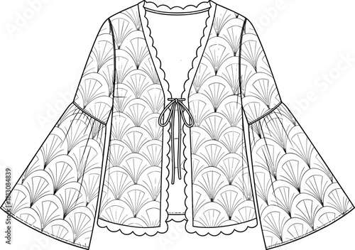 Flat technical fashion drawing vector illustration of a women's patterned kimono jacket featuring bell sleeves, scallop edges, and a tie-front closure with Art Deco fan print, front view.