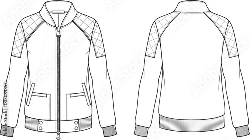 Flat technical fashion drawing vector illustration of a women's quilted bomber jacket with raglan sleeves, ribbed trims, zippered closure, flap pockets, and stand collar, front and back view.