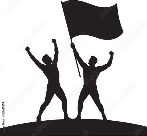 Silhouettes of two triumphant people raising a flag