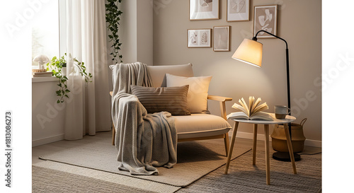 A tranquil and inviting home reading nook, softly illuminated by warm light, offering a gentle escape into comfort and literary relaxation