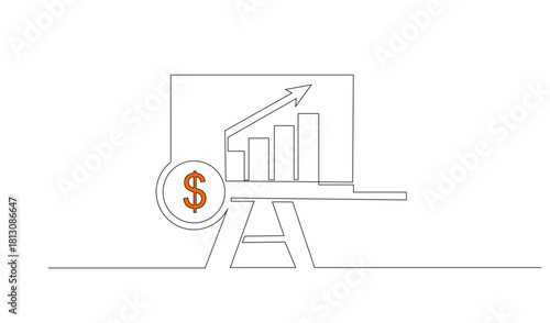 A simple line art depicts a financial growth, with an arrow going up, and a dollar symbol