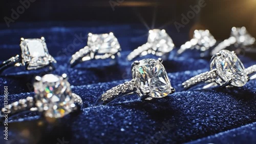 Exquisite Diamond Rings Sparkling on Luxurious Blue Velvet Display