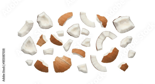 Scattered pieces of fresh raw coconut meat and broken brown shell isolated, top view isolated PNG with Transparent Background