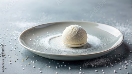Fototapeta Naklejka Na Ścianę i Meble -  Elegant Creamy Dessert Sphere on a Plate with Powdered Sugar