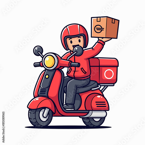 Delivery service cartoon character riding a red scooter with a package in hand; concept of fast and reliable delivery
