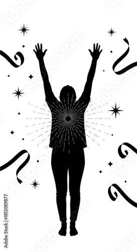Mystical silhouette of a person with arms raised in celebration and a radiant heart.