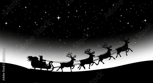 Black silhouette of Santa Claus in a sleigh pulled by reindeer.
