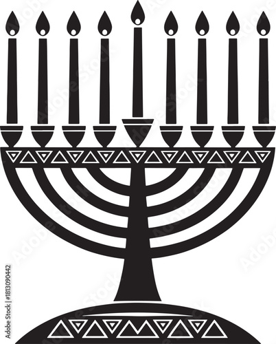 Kwanzaa african culture Black silhouette of a nine-branched menorah with lit candles and decorative geometric patterns