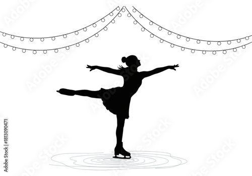 Black silhouette of a graceful female figure skater performing on ice.