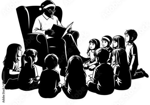 Man in a Santa hat reading a storybook to a group of children.
