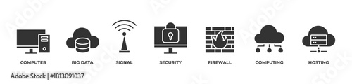 Advanced Computing Icons set vector illustration glyph with Computer, Big data, Signal, Security, Firewall, Computing, Hosting