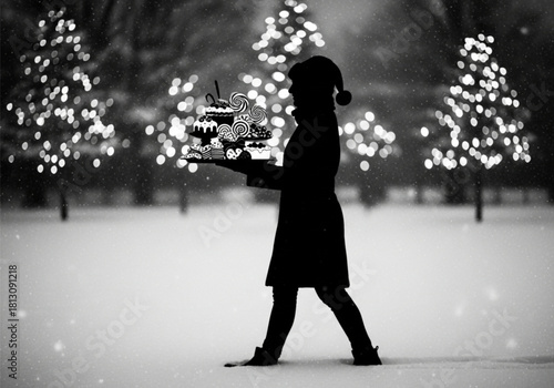 Silhouette of a person in a Santa hat carrying a festive tray through the snow.