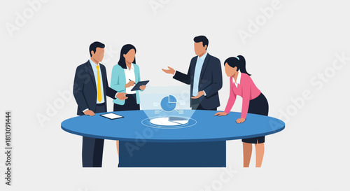 Business meeting with holographic display showing global analytics.