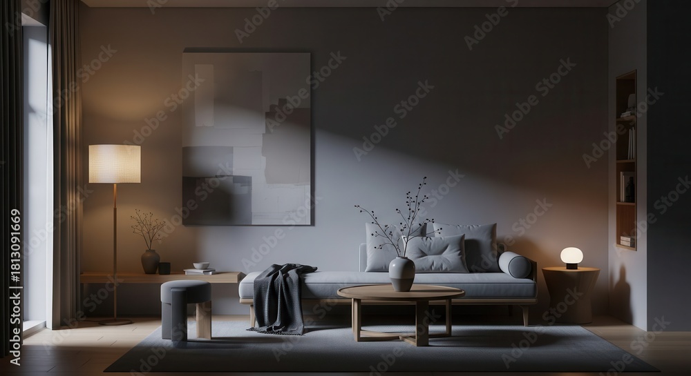 Fototapeta premium Contemporary living room interior illuminated by soft ambient lighting and natural light contrast