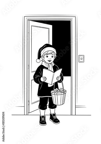 Black and white line art illustration of a young boy singing Christmas carols.