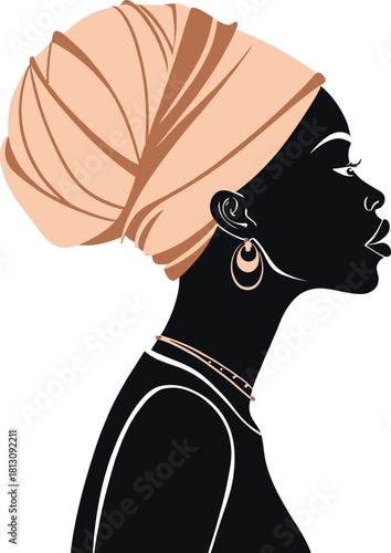 Silhouette of a woman wearing a peach headscarf and gold jewelry kwanzaa african culture woman silhouette