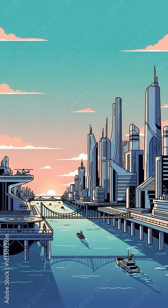 Fototapeta premium Futuristic metropolitan skyline rises above a wide waterway at sunset