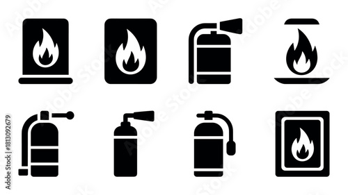 Black Silhouette Icons of Fire and Fire Extinguishers.