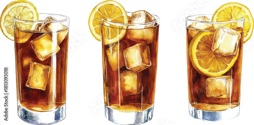Iced Tea with Lemon Watercolor  vector illustration