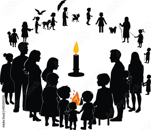 Silhouette people and animals gathered around a candle and campfire with birds and a bat flying above kwanzaa african culture