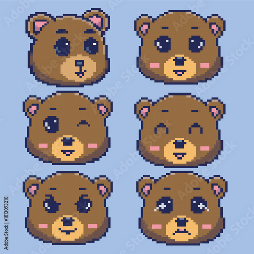 Illustration vector graphics of Expressive Bear Pixel Art Character with Multiple Emotions Perfect for use in retro-style video games, indie game projects, mobile games, character sprites, emojis,