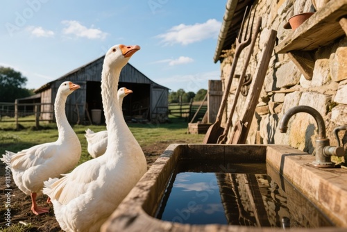 Three white geese standing near a stone water trough on a farm with barn and tools in background